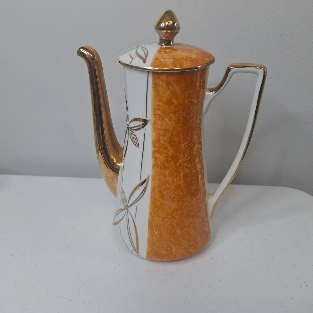 Walbrzych Poland Porcelain Coffee‎ Tea Set Gold Trim Orange Floral Mid Century